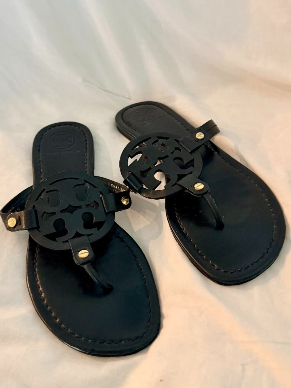 Tory Burch Miller Sandals Black Leather Size 9.5 Logo Thong